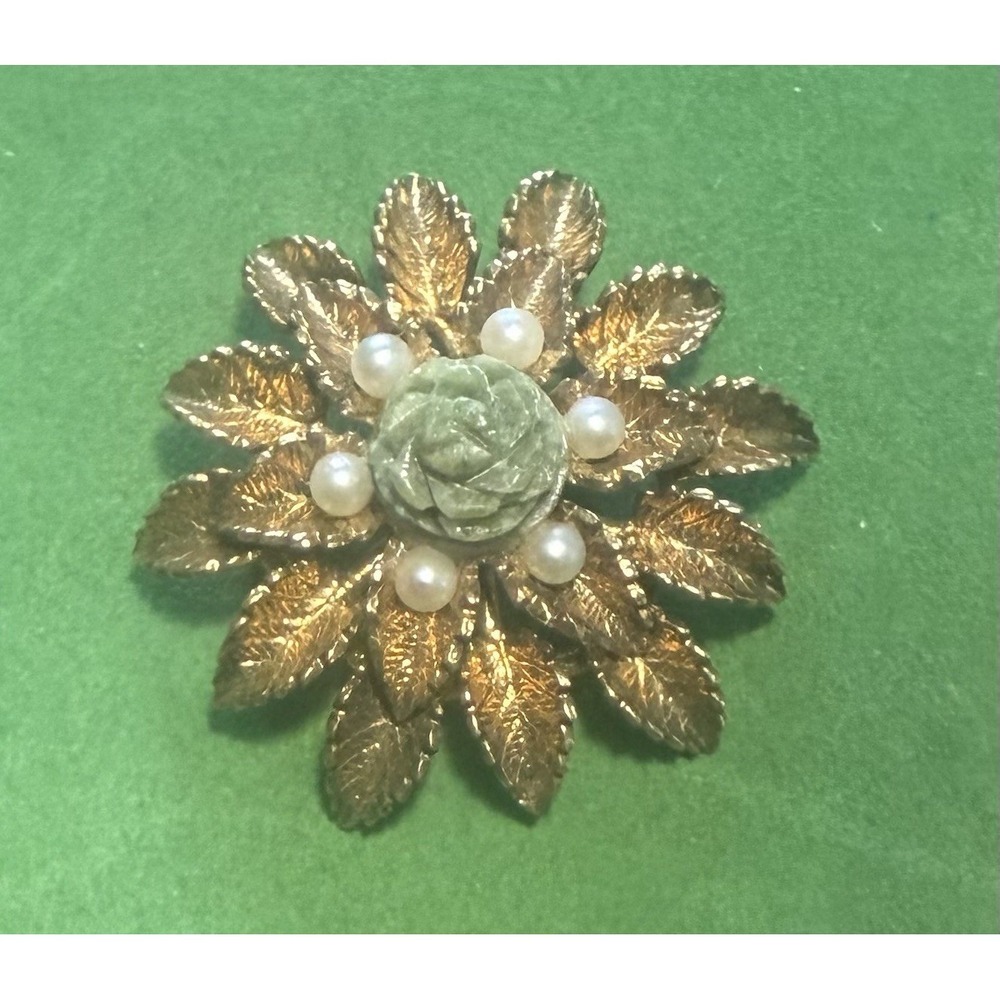 Vtg Danecraft  Sterling Silver Carved Jade Pearl Flower Brooch Pin‎ Gold Wash